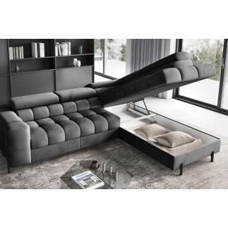 Canapé d'angle convertible - FERNAND VELOURS en velours Luxe gris foncé anthracite, 5 places, angle droit (vu de face)