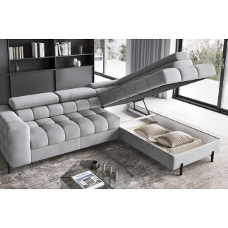 Canapé d'angle convertible - FERNAND VELOURS - en velours Luxe gris, 5 places, angle droit (vu de face)