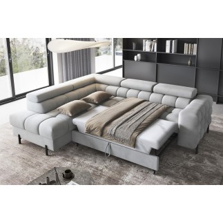 Canapé d'angle convertible, FERNAND VELOURS - en velours Luxe gris, 5 places, angle gauche (vu de face)
