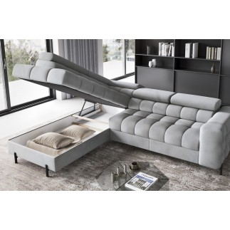 Canapé d'angle convertible, FERNAND VELOURS - en velours Luxe gris, 5 places, angle gauche (vu de face)