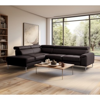 Canapé d'angle convertible en cuir italien luxe 5 places, Hombourg, coffre, chocolat, angle gauche