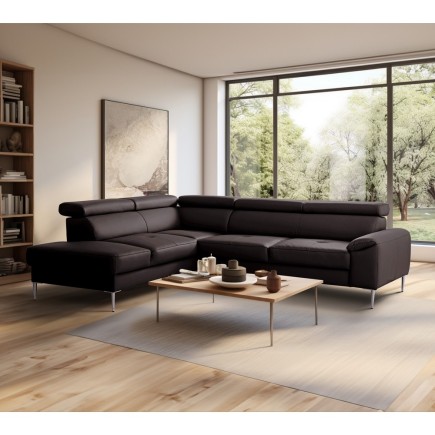 Canapé d'angle convertible en cuir italien luxe 5 places, Hombourg, coffre, chocolat, angle gauche