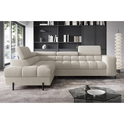 Canapé d'angle convertible FERNAND tissu bouclette Luxe beige, 5 places, angle gauche (vu de face)