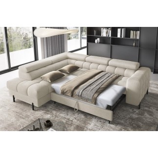 Canapé d'angle convertible FERNAND tissu bouclette Luxe beige, 5 places, angle gauche (vu de face)
