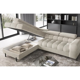 Canapé d'angle convertible FERNAND tissu bouclette Luxe beige, 5 places, angle gauche (vu de face)