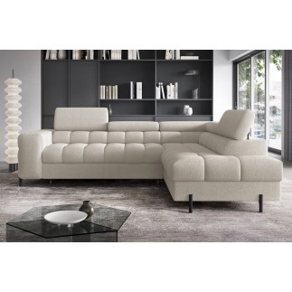 Canapé d'angle convertible, FERNAND tissu bouclette Luxe beige, 5 places, angle droit (vu de face)