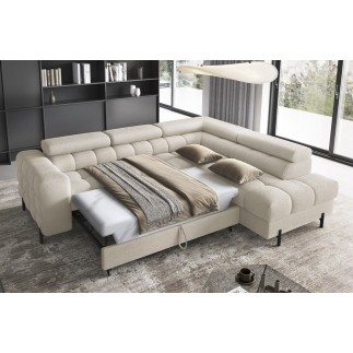 Canapé d'angle convertible, FERNAND tissu bouclette Luxe beige, 5 places, angle droit (vu de face)