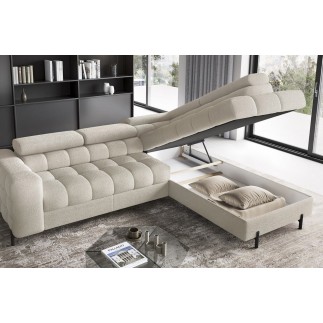 Canapé d'angle convertible, FERNAND tissu bouclette Luxe beige, 5 places, angle droit (vu de face)