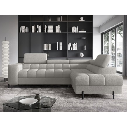 Canapé d'angle convertible, FERNAND tissu bouclette Luxe gris, 5 places, angle droit (vu de face)