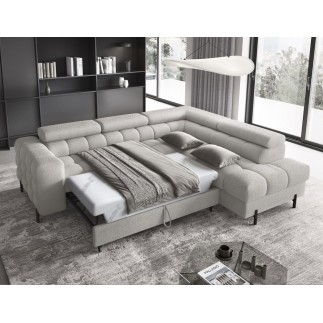Canapé d'angle convertible, FERNAND tissu bouclette Luxe gris, 5 places, angle droit (vu de face)