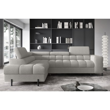 Canapé d'angle convertible FERNAND tissu bouclette Luxe gris, 5 places, angle gauche (vu de face)