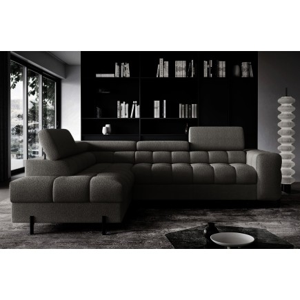Canapé d'angle convertible FERNAND tissu bouclette Luxe gris anthracite, 5 places, angle gauche (vu de face)