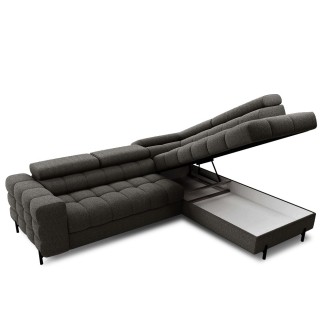 Canapé d'angle convertible, FERNAND tissu bouclette Luxe gris anthracite, 5 places, angle droit (vu de face)