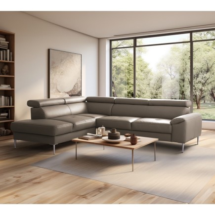 Canapé d'angle convertible en cuir italien luxe 5 places, Hombourg, coffre, taupe, angle gauche