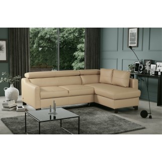 Canapé d'angle convertible en cuir italien de luxe 5 places BRUCE, avec coffre, beige, angle droit (vu de face)