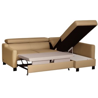 Canapé d'angle convertible en cuir italien de luxe 5 places BRUCE, avec coffre, beige, angle droit (vu de face)