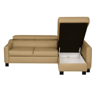 Canapé d'angle convertible en cuir italien de luxe 5 places BRUCE, avec coffre, beige, angle droit (vu de face)