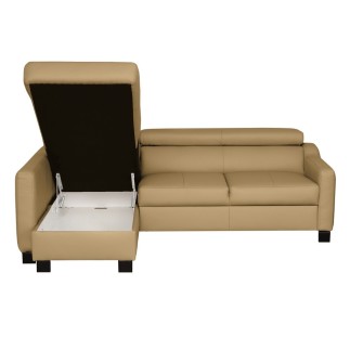 Canapé d'angle convertible en cuir italien de luxe 5 places - BRUCE, avec coffre, beige, angle gauche (vu de face)