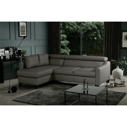 Canapé d'angle convertible en cuir italien de luxe 5 places BRUCE, avec coffre, gris foncé, angle gauche (vu de face)
