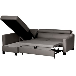 Canapé d'angle convertible en cuir italien de luxe 5 places BRUCE, avec coffre, gris foncé, angle gauche (vu de face)
