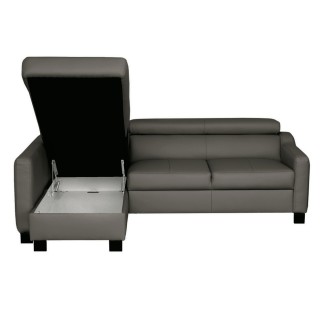 Canapé d'angle convertible en cuir italien de luxe 5 places BRUCE, avec coffre, gris foncé, angle gauche (vu de face)
