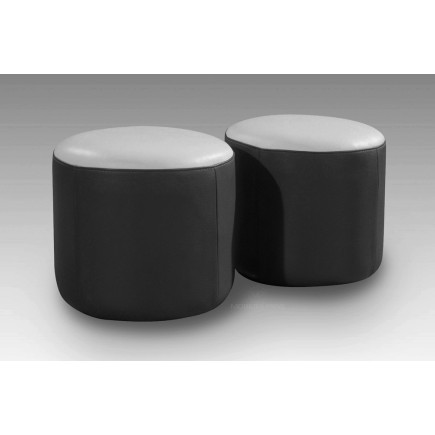 Ensemble de 2 poufs rond en cuir noir et blanc