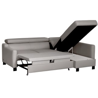 Canapé d'angle convertible en cuir italien de luxe 5 places BRUCE, avec coffre, gris clair, angle droit (vu de face)