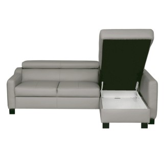 Canapé d'angle convertible en cuir italien de luxe 5 places BRUCE, avec coffre, gris clair, angle droit (vu de face)