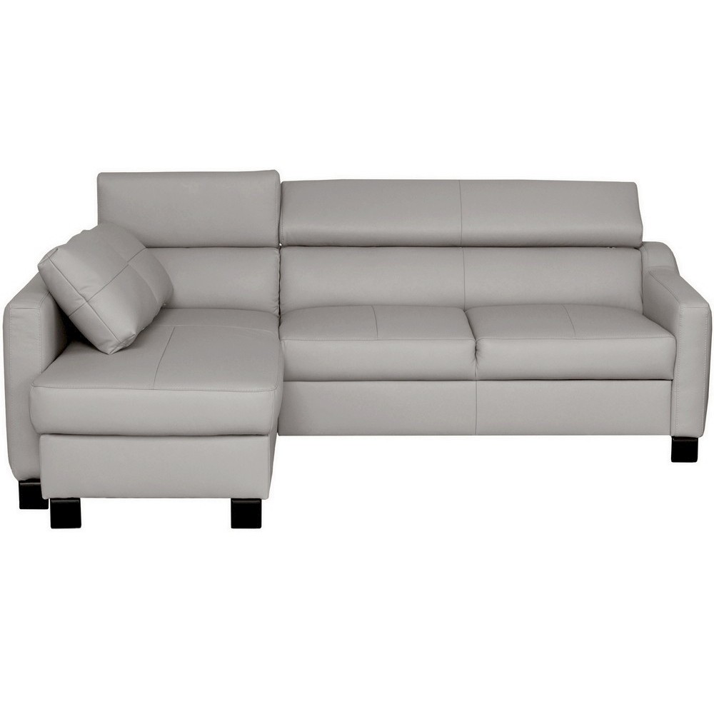 Canapé d'angle convertible en cuir italien de luxe 5 places BRUCE, avec coffre, gris clair, angle gauche (vu de face)