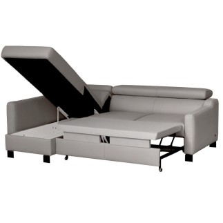 Canapé d'angle convertible en cuir italien de luxe 5 places BRUCE, avec coffre, gris clair, angle gauche (vu de face)