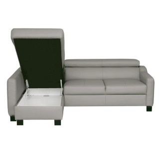 Canapé d'angle convertible en cuir italien de luxe 5 places BRUCE, avec coffre, gris clair, angle gauche (vu de face)
