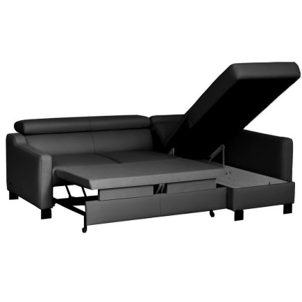Canapé d'angle convertible en cuir italien de luxe 5 places BRUCE, avec coffre, noir, angle droit (vu de face)