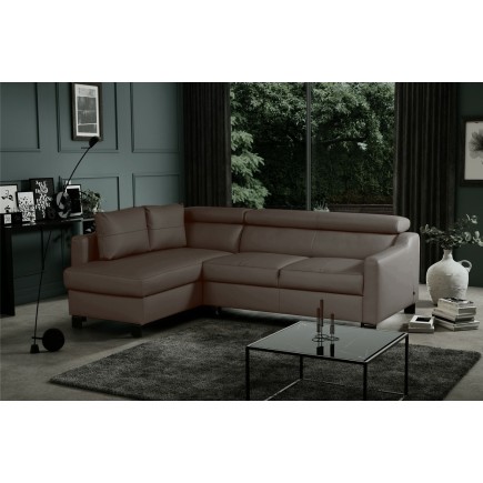 Canapé d'angle convertible en cuir italien de luxe 5 places - BRUCE, avec coffre, taupe, angle gauche (vu de face)