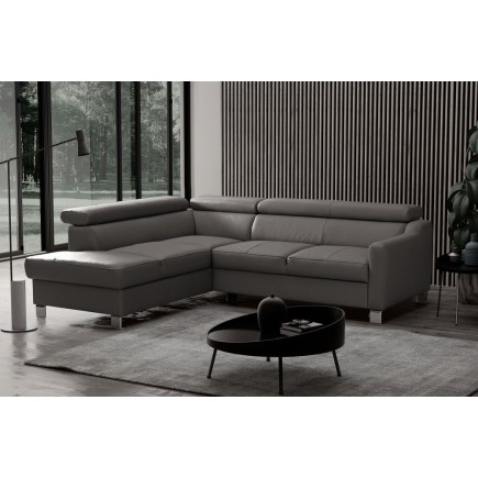 Canapé d'angle convertible en cuir italien de luxe 5 places - ASLAN avec coffre, gris foncé, angle gauche (vu de face)