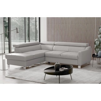 Canapé d'angle convertible en cuir italien de luxe 5 places - ASLAN, avec coffre, gris clair, angle gauche (vu de face)