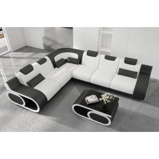Canapé d'angle en cuir italien 7 places LUXEMBOURG, blanc et noir, angle gauche avec table basse
