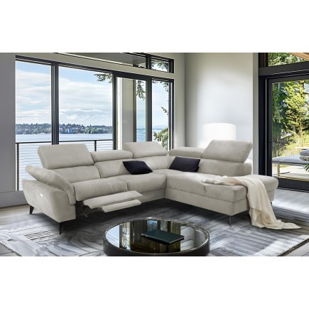 Canapé d'angle avec relax électrique tissu effet grain, 5/6 places SOLARO, beige, angle droit