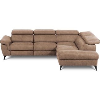 Canapé d'angle avec relax électrique tissu effet grain, 5/6 places SOLARO, marron, angle droit