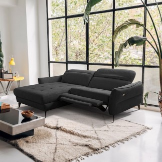 Canapé d'angle convertible en tissu luxe 5 places, MANCINI, coffre, noir, angle gauche