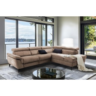 Canapé d'angle avec relax électrique tissu effet grain, 5/6 places SOLARO, marron, angle droit