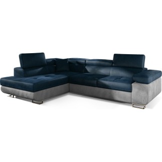 Canapé d'angle convertible en velours luxe 5 places, avec coffre, bleu foncé / gris clair, angle gauche (vu de face), ANNECY VEL