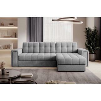 Canapé d'angle convertible, BLENDO - en velours Luxe gris, 4 places, angle droit (vu de face), Gris clair
