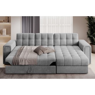 Canapé d'angle convertible, BLENDO - en velours Luxe gris, 4 places, angle droit (vu de face)