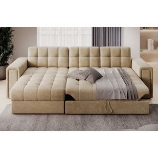 Canapé d'angle convertible, BLENDO en velours Luxe marron, 4 places, angle gauche (vu de face)
