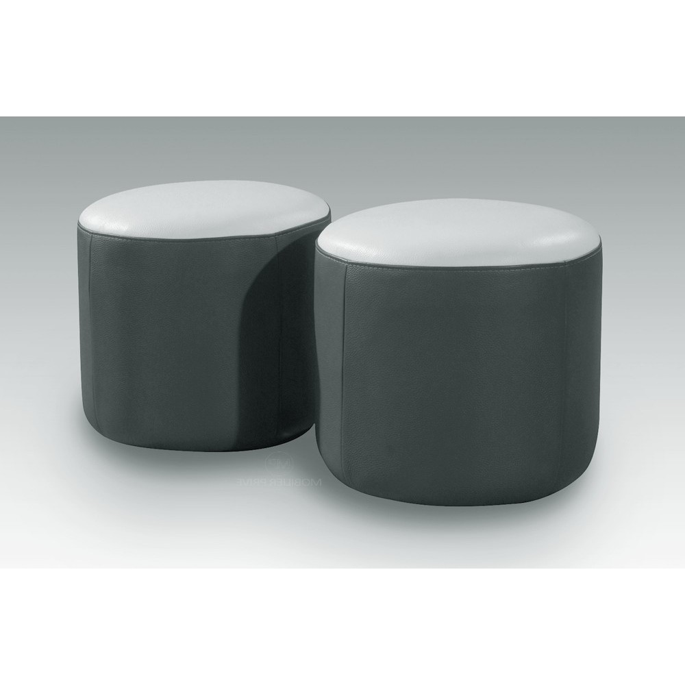 Ensemble de 2 poufs rond en cuir gris foncé et blanc