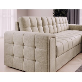 Canapé d'angle convertible, BLENDO - en velours Luxe beige clair, 4 places, angle droit (vu de face)
