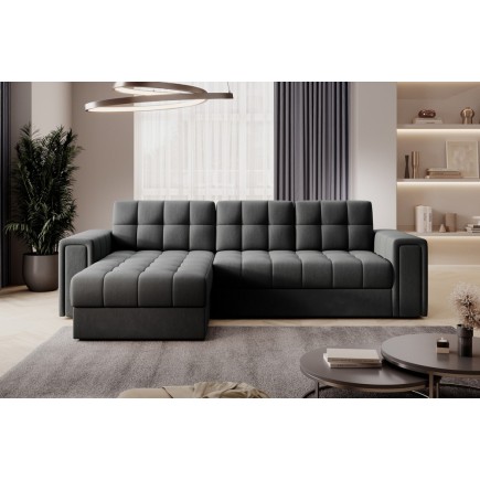 Canapé d'angle convertible, BLENDO en velours Luxe gris foncé, 4 places, angle gauche (vu de face)