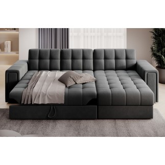 Canapé d'angle convertible, BLENDO - en velours Luxe gris foncé, 4 places, angle droit (vu de face)