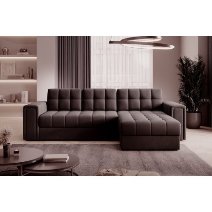 Canapé d'angle convertible, BLENDO - en velours Luxe chocolat, 4 places, angle droit (vu de face)