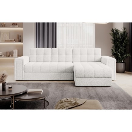 Canapé d'angle convertible, BLENDO en tissu bouclette Luxe ivoire, 4 places, angle droit (vu de face)